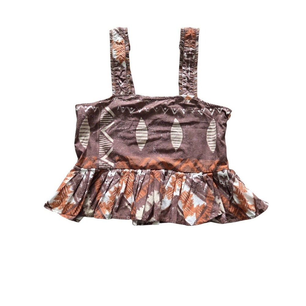 Tribal Print Ruffle Crop Top Cappuccinoโ Brown Cotton XS Boho Festival Resort